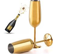 DEAYOU 2 Pack 18/10 Stainless Steel Champagne Glasses, Unbreakable 8 OZ Champagne Flutes with Stem, Gold Metal Wine Goblet Cup for Wedding, Party