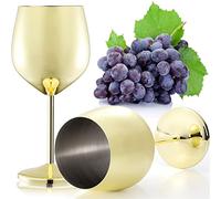 DEAYOU 2 Pack 18/10 Stainless Steel Wine Glasses, 500ml/17oz Unbreakable Stemmed Wine Glass, Gold Steel Shatterproof Wine Goblet, Portable Metal Drinkware for Champagne, Pool, Indoor Outdoor, Party