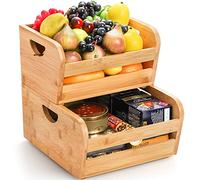 DEAYOU 2 Pack Bamboo Stackable Storage Bins, Natural Bamboo Open Front Stacking Bins, Use as 2 Tier Food Organize Basket Box with Handle for Countertop, Fruit, Veg, Bread, Pantry