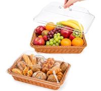 DEAYOU 2 Pack Imitation Rattan Bread Basket with Lid, Woven Tabletop Food Serving Basket, Poly-Wicker Fruit Basket for Vegetable, Restaurant, Display, Kitchen, Party, Rectangle, 13.8" L x 9.8" W