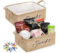 DEAYOU 2 Pack Snack Organizer for Pantry, Burlap Snack Storage Bins with 30 Pcs Bag Clips, Foldable Basket Containers with Handle for Countertop, Kitchen, Office, Chips, Popcorn, Candy, Pretzels