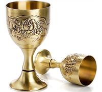 DEAYOU 2 Pack Vintage Chalice Goblet, Flower Embossed Gold Communion Cup, Food Safe Sturdy Brass Shot Glasses for Liquor, Ritual, Buddha, Weddings, Royal Medieval Decor, Blessings, 5 OZ/1 OZ