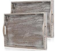 DEAYOU 2 Pack Wood Serving Tray, 16.5" Ottoman Wooden Trays for Coffee Table, Farmhouse Vintage Decorative Tray Platter with Cutout Handle for Eating, Breakfast, Rectangle, 16.5" L x 11" W