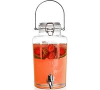 DEAYOU 3L Glass Beverage Dispenser with Tap, Cold Drink Ice Tea Dispenser with Trigger Clamp Locking Lid, Glass Mason Jar Lemonade Liquid Pitcher with Spout for Party, Fridge, Juice, Beer, 0.8 Gallon
