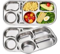 DEAYOU 4-Pack 18/10 Stainless Steel Divided Plates, 4 Sections Samll Platter Compartment Tray, Portion Control Plate with Divider, Mess Food Sectioned Tray for Cafeteria