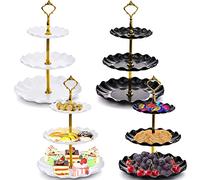 DEAYOU 4 Pack 3 Tier Cupcake Dessert Stand, Plastic Tiered Cake Stand Display Tower, Pastry Serving Tray Platter Rack Holder for Buffet, Cookie, Party, Wedding, Home Decor, White Gold, Black Gold