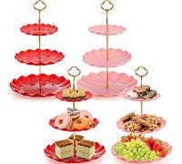 DEAYOU 4 Pack 3 Tier Cupcake Stand, Plastic Dessert Stand Display Tower, Tiered Cake Stands Serving Trays with Gold Rod, Pastry Rack Holder Platter for Buffet, Party, Wedding, Home Decor, Pink, Red