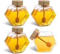 DEAYOU 4 Pack 7.7oz/220ml Honey Pot, Glass Honey Pot with Wooden Dipper, Honey Container Storage, Clear Honeypot for Home, Kitchen