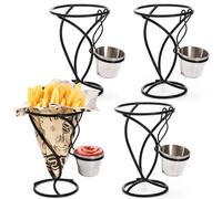 DEAYOU 4 Pcs French Fry Holder, Fish and Chips Cone Basket with Sauce Cup, Metal Fried Chicken Display Rack Wire Stands for Snack, Appetizer, Ice Cream, Buffet, Kitchen, Restaurant, Party Supplies