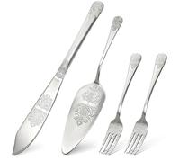 DEAYOU 4 PCS Wedding Cake Knife and Server Set, Stainless Steel Cake Cutting Set with Forks, Engraved Cake Cutter Pie Spatula for Engagement, Anniversary, Birthday, Bride and Groom Gift, Silver