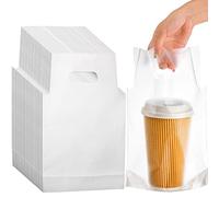 DEAYOU 500 PCS Clear Handle Drink Poly Bags, Plastic Drinking Packaging Bag for Delivery, 7.8" L x 11" H Hanging Hole Cup Carrier Holder Container with Handle for 33 OZ Single Cup, Take Out, Beverage