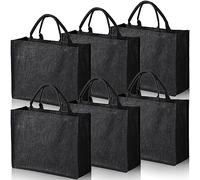 DEAYOU 6 Pack Large Jute Burlap Tote Bag, Black Jute Beach Bag with Laminated Interior, Burlap Gift Tote with Handle, Reusable Lined Market Grocery Shopping Bag for DIY, Wedding,15.4''x12.2''x5.9'',