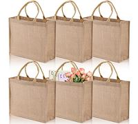 DEAYOU 6 Pack Large Jute Burlap Tote Bag, Jute Beach Bag with Laminated Interior, Burlap Gift Tote with Handle, Reusable Lined Market Grocery Shopping Bag for DIY, Wedding,15.4''x12.2''x5.9''