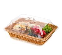 DEAYOU Imitation Rattan Bread Basket with Lid, Woven Tabletop Food Serving Basket, Poly-Wicker Fruit Basket for Vegetable, Restaurant, Display, Kitchen, Party, Rectangle, 13.8" L x 9.8" W
