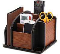 DEAYOU Wood Rotating Remote Caddy, Spinning Remote Control Holder for Table, 6-Compartment Wooden Revolving Office Supplies Desktop Storage Organizer for Pen, Pencil, Mail, Desk, Home, Living Room