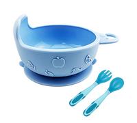 DEBAIJIA Baby Silicone Suction Cup Stay Put Divided Suction Plates Child Sucker Bowl Sensing Temperature Spoon Bendable Fork Set (Blue)