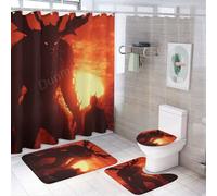 DEBAOKA 4Pcs Sunset Monster Bathroom Sets with Shower Curtain Rugs Mats Accessory Retro Anime Animal Fantasy Bathroom Decorations Sets with Non Slip Rugs Toilet Lid Cover Bath Mat