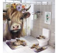 DEBAOKA 4Pcs Vintage Highland Cow Bathroom Sets with Shower Curtain Rugs Mats Accessory Simple Flower Ink Animal Bathroom Decorations Sets with Non Slip Rugs Toilet Lid Cover Bath Mat