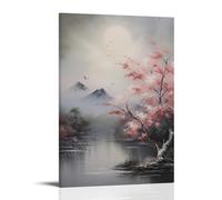 DEBAOKA Abstract Misty Mountain Wall Art Canvas Print Vintage Plant River View Framed Poster Artwork for Bedroom Living Room Office 16" Wx24 L(40x60cm)