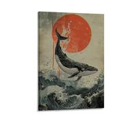 DEBAOKA Asian Modern Whale Canvas Wall Art, Stretched And Framed - 60x90cm | Red Sun Ocean Waves Animal Picture Canvas Print, Ready to Hang Artwork Wall Decor for Living Room, Bedroom, Office