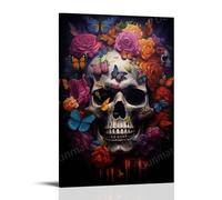 DEBAOKA Beautiful Flower Skull Wall Art for Living Room Gothic Skeleton Vintage Flower Butterfly Paintings on Canvas Wall Art Poster for Home Decorations Wall Decor