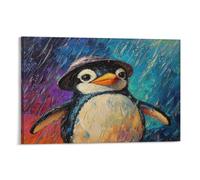 DEBAOKA Doodle Cute Penguin Canvas Wall Art, Stretched And Framed - 60x90cm | Animal Wearing Hat Abstract Rainy Day Picture Canvas Print, Ready to Hang Artwork Wall Decor for Living Room, Office