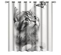DEBAOKA Farmhouse Cat Blackout Grommet Window Curtains Beautiful Flower Black White Animal Thermal Insulated Room Darkening Curtains for Bedroom And Living Room(63x72in)