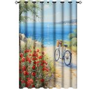 DEBAOKA Rustic Bicycle Blackout Curtains Set of 2 Panels Colorful Poppies Coastal Ocean Scenery Grommet Top Window Drapes Room Darkning Thermal Insulated Curtains for Bedroom