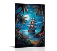 DEBAOKA Rustic Boat Wall Decorations for Bedroom Colourful Flower Tropical Plant Moon Canvas Wall Art for Living Room Painting Stretched And Framed Ready to Hang Home Decor
