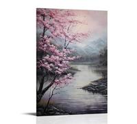 DEBAOKA Rustic Mountain Bedroom Decor Wall Art Ink Landscape Pink Cherry Blossoms Canvas Print Poster Framed Painting Artwork for Living Room Office 12" Wx18 L(30x45cm)