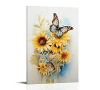 DEBAOKA Vintage Sunflower Wall Decorations for Bedroom Yellow Flower Nature Butterfly Canvas Wall Art for Living Room Painting Stretched And Framed Ready to Hang Home Decor
