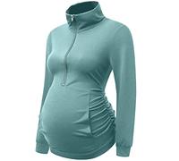 DEBELLY Maternity Shirt with Pocket Women's Lapel Top Casual Pregnancy Long Sleeve Zipper Sweatshirt, Sage Green, Medium