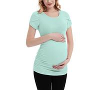 DEBELLY Maternity Top Short Petal Sleeve Shirt Ruched Side Pregnancy Tunic for Casual Wear Basic Maternity Tee, Mint Green, L