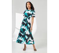 Debenhams Abstract Print Puff Sleeve Pleated Midi Dress In Green green