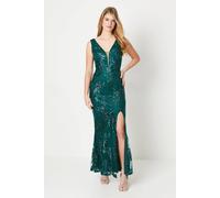 Debenhams Debut London By Coast Embroidered Sequin Mesh Plunge Prom Dress In Emerald