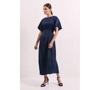 Debenhams Flutter Sleeve Pleat Detail Satin Midi Dress In Navy navy 18