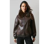 Principles Women's Fur Collar Faux Leather Bomber in Chocolate | Size: 14 Principles Chocolate 14
