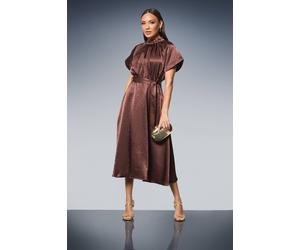 Debenhams Gathered Neck Flared Skirt Satin Midi Dress In Chocolate chocolate 16