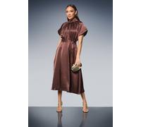 Debenhams Gathered Neck Flared Skirt Satin Midi Dress In Chocolate chocolate 18