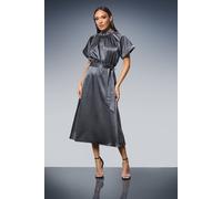Debenhams Gathered Neck Flared Skirt Satin Midi Dress In Slate slate 16