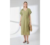 Debenhams Khaki Puff Sleeve Gauze Tie Waist Midi Dress khaki 14