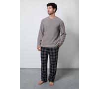 Debenhams Men's Charcoal Grey Fleece Long Sleeve Top & Check Fleece Pant Pyjamas Set | Size: Medium