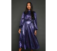 Principles Womens Midi Dress Metallic Navy High Neck Long Sleeve Waist Detail