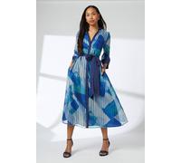 Principles Belted Contrast Detail Collarless Shirt Dress, 16, Blue