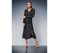 Debenhams Ruched Front Wrap Neck Glitter Jersey Midi Dress In Black black 20