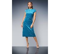 Debenhams Striped Velvet Ruched Waist Midi Dress In Teal teal