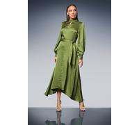 Debenhams Tie Waist High Neck Satin Midi Dress In Olive olive 10