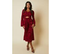 Debenhams Women's Debut London By Coast Long Sleeve Wrap Waist Satin Jacquard Midi Dress in Red | Size: 10