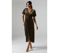 Debenhams Women's Debut London By Coast Puff Sleeve Wrap Skirt Devore Midi Dress in Olive | Size: 10