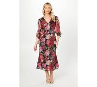Debut London Women's By Coast V Neck Blouson Sleeve Satin Midi Dress in Black | Size: 10 Debut London Black 10